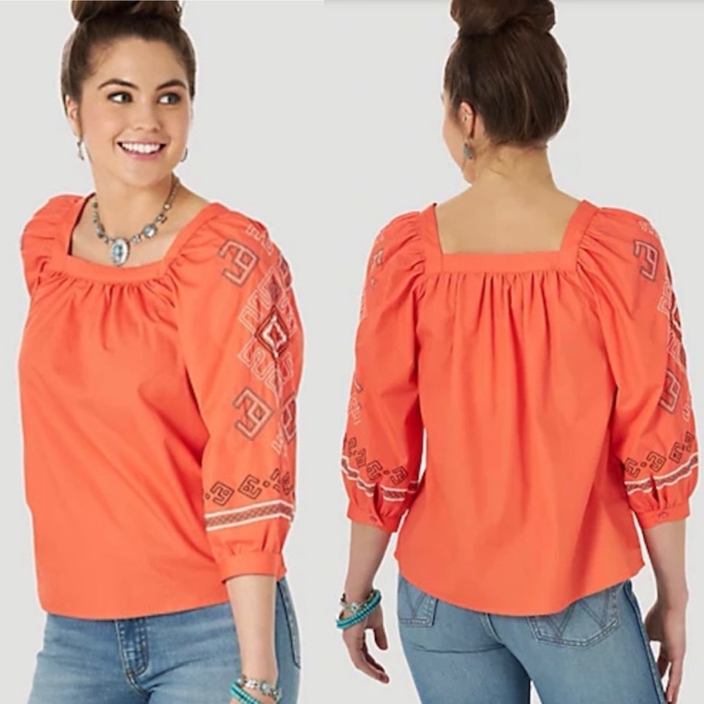Wrangler Retro Blouse Small Aztec Western Orange Rodeo Embroidered Puff Sleeve